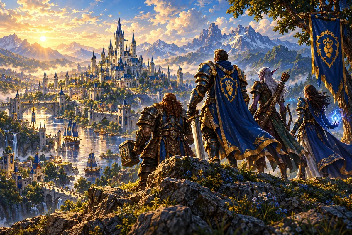 Quatre aventuriers de l’Alliance contemplent une cité depuis un promontoire.