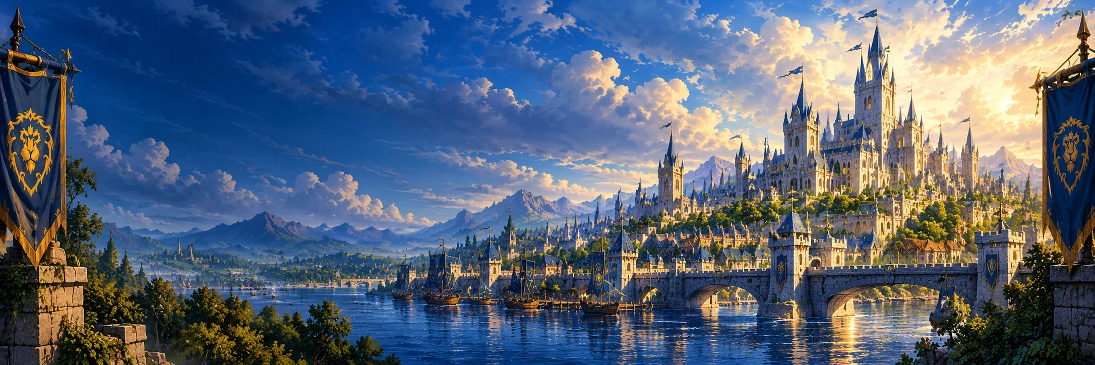 Vue panoramique d’une cité aux toits bleus, de son pont et de sa rivière au lever du soleil.