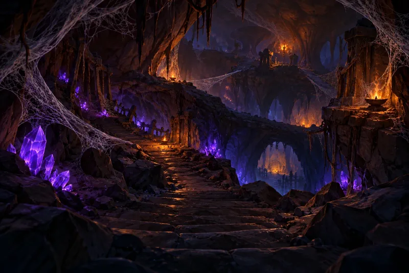 Passages souterrains des Barrow Deeps, couverts de toiles et éclairés par des cristaux violets.