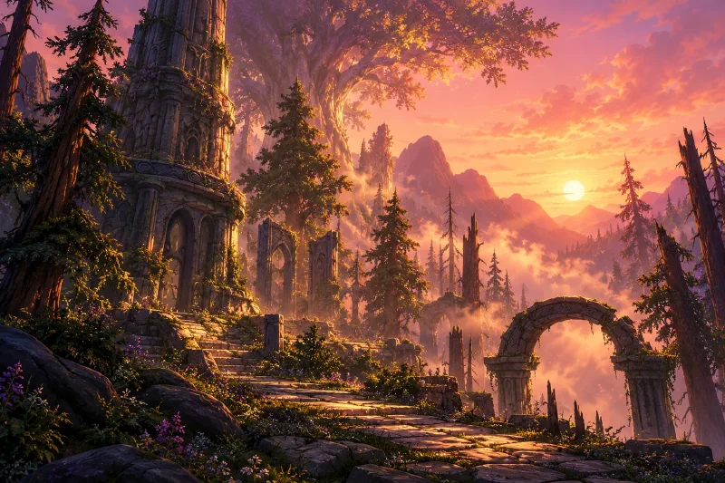 Ruines elfiques du sommet d’Hyjal dans une forêt marquée par la dévastation, au soleil couchant.