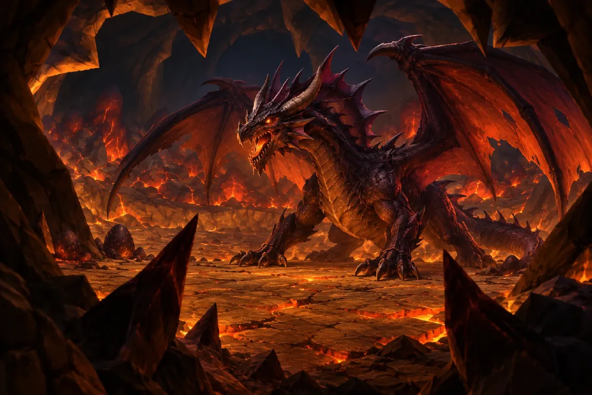 Onyxia, dragonne noire, dans la chambre rocheuse et volcanique de son repaire.